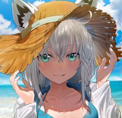 Rule 34 | 1girl, :d, animal ears, beach, bikini, blue bikini, blue eyes, blue sky, blush, braid, breasts, cloud, collarbone, day, fox ears, hair between eyes, hands up, hat, highres, hololive, jacket, long sleeves, looking at viewer, medium breasts, ocean, open mouth, outdoors, portrait, sand, seicoh, shade, shirakami fubuki, shirakami fubuki (hololive summer 2019), sky, smile, solo, straw hat, swimsuit, virtual youtuber, water, white hair, white jacket