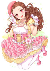 Rule 34 | 1girl, beret, blush, bow, brown hair, choker, commentary, corsage, curly hair, dress, earrings, flower, flower earrings, flower necklace, frilled dress, frills, full body, gloves, hat, high heels, highres, holding, holding microphone, idolmaster, idolmaster cinderella girls, idolmaster cinderella girls starlight stage, jewelry, layered dress, long hair, looking at viewer, microphone, necklace, open mouth, pink dress, pink footwear, red eyes, ribbon, seki hiromi, short sleeves, simple background, sirurabbit, smile, solo, v, white gloves, white legwear