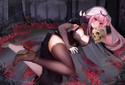 Rule 34 | 1girl, absurdres, black dress, black nails, black thighhighs, breasts, dress, forest, high heels, highres, hololive, hololive english, huge filesize, large breasts, long hair, lying, mori calliope, nail polish, nature, pink eyes, pink hair, skull, thighhighs, tiara, veil, virtual youtuber, yuniiho
