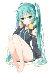 Rule 34 | 1girl, :o, aqua eyes, barcode, bare legs, bare shoulders, barefoot, black jacket, blush, bow, breasts, clothing cutout, commentary request, drawstring, full body, green hair, hair bow, hair ornament, hairclip, hand on headphones, hand up, hatsune miku, headphones, headphones around neck, highres, hood, hood down, hooded jacket, jacket, knees up, long hair, looking at viewer, parted lips, shoulder cutout, simple background, sitting, small breasts, solo, twintails, very long hair, vocaloid, white background, white bow, x hair ornament, yukine