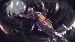 Rule 34 | 1girl, absurdres, apex legends, armor, bodysuit, breastplate, cloud, commentary, english commentary, explosion, floating hair, from below, gloves, grey eyes, grey hair, highres, holding, jetpack, looking up, armored boots, orange bodysuit, orange gloves, seku (sekupage), short hair, solo, valkyrie (apex legends)