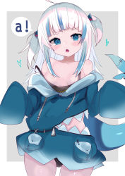Rule 34 | 1girl, a (phrase), ahoge, bare shoulders, black panties, blue eyes, blue hair, blue hoodie, blush, breasts, collarbone, commentary request, cowboy shot, fins, fish tail, gawr gura, grey background, hair ornament, heart, highres, hololive, hololive english, hood, hood down, hoodie, long hair, long sleeves, looking at viewer, multicolored hair, off shoulder, open mouth, panties, shark tail, sharp teeth, sleeves past fingers, sleeves past wrists, small breasts, solo, speech bubble, strap slip, streaked hair, tail, te toga, teeth, two-tone background, two side up, underwear, virtual youtuber, white background, white hair