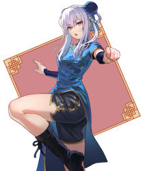 Rule 34 | 1girl, alternate costume, alternate hairstyle, bandaid, bandaid on cheek, bandaid on face, black footwear, blue dress, blue sleeves, boots, braid, breasts, bun cover, china dress, chinese clothes, commentary request, detached sleeves, double bun, dress, final fantasy, final fantasy brave exvius, floral print, foot out of frame, glaciela wezette, grey hair, hair bun, high collar, hirono (hxze4434), knee boots, knee up, long hair, looking at viewer, martial arts, medium breasts, open mouth, print dress, print shorts, red eyes, short sleeves, shorts, sidelocks, solo, standing, standing on one leg, war of the visions: final fantasy brave exvius
