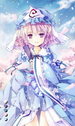 Rule 34 | 1girl, bad id, bad pixiv id, blue dress, blue sky, bondson, cherry blossoms, cloud, dress, hand fan, female focus, floral print, hat, long sleeves, nature, open mouth, outdoors, petals, pink eyes, pink hair, plant, saigyouji yuyuko, sash, sky, smile, solo, touhou, tree