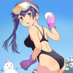 Rule 34 | 1girl, blue eyes, blue hair, competition swimsuit, fang, gloves, goggles, goggles on head, long hair, meow (nekodenki), one-piece swimsuit, original, side ponytail, snowball, snowman, swimsuit