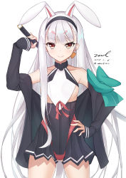 Rule 34 | 1girl, animal ears, aqua bow, azur lane, bare shoulders, black dress, black jacket, bow, breasts, brown eyes, rabbit ears, collarbone, cowboy shot, dated, dress, gluteal fold, hairband, hand on own hip, hand up, highleg, holding, holding sword, holding weapon, jacket, long hair, long sleeves, looking at viewer, off shoulder, red ribbon, ribbon, shimakaze (azur lane), signature, simple background, small breasts, smile, solo, standing, sword, thighs, twitter username, unel, very long hair, weapon, white background, white hair