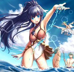 Rule 34 | 2boys, 2girls, :d, abs, aqua eyes, aqua hair, arm up, bad id, bad pixiv id, bikini, blue hair, braid, braided ponytail, breasts, cleavage, closed eyes, cloud, cloudy sky, covered navel, cowboy shot, day, ephraim (fire emblem), fire emblem, fire emblem: the sacred stones, fire emblem heroes, goggles, goggles on head, green hair, hand on own head, hand on own hip, hand to own head, harpoon, innes (fire emblem), lens flare, long hair, looking afar, looking at another, looking at viewer, medium breasts, multiple boys, multiple girls, nintendo, ocean, one-piece swimsuit, open mouth, outstretched hand, parune chigetsu, pegasus, polearm, ponytail, profile, red bikini, riding, short hair, side braids, sky, smile, splashing, standing, swimsuit, tana (fire emblem), tana (summer) (fire emblem), trident, twitter username, vanessa (fire emblem), wading, water, weapon