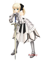 Rule 34 | armor, artoria pendragon (all), artoria pendragon (fate), blonde hair, capcom, dress, excalibur (fate/stay night), fate/stay night, fate/unlimited codes, fate (series), green eyes, highres, ponytail, saber (fate), saber lily, solo, sword, type-moon, weapon, white dress