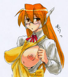 Rule 34 | breast slip, breasts, glasses, kikuta, large breasts, long hair, nipples, one breast out, orange hair, robot ears, serio (to heart), solo, to heart, to heart (series)