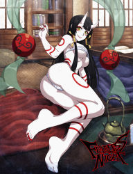 Rule 34 | 1girl, absurdres, ass, barefoot, black hair, breasts, budget sarashi, chuunioniika, colored skin, copyright name, facepaint, fearless night, feet, full body, fundoshi, hair ribbon, highres, horns, japanese clothes, large breasts, lipstick, looking at viewer, lying, makeup, mole, mole under mouth, nail polish, official art, on side, red nails, ribbon, sarashi, shinatobe, short eyebrows, sidelocks, solo, tatami, toenail polish, toenails, toes, underboob, underwear, underwear only, white skin