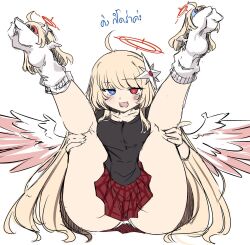 black_skirt blonde_hair character_request cosplay hair_ornament halo heterochromia highres holding_own_leg king_ghidorah king_ghidorah_(cosplay) kneepits legs_up long_hair nanahoshi_nana_(thai_vtuber) original red_skirt sesield skirt socks spread_legs star-shaped_pupils star_(symbol) symbol-shaped_pupils thighs very_long_hair virtual_youtuber wings