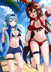 Rule 34 | 2girls, absurdres, amber (genshin impact), arm up, armpits, bare shoulders, beach, bikini, black hairband, blue bikini, blue hair, blue shirt, blue shorts, blue sky, blush, breasts, brown eyes, brown hair, chinese clothes, cleavage, cloud, commentary, day, detached sleeves, eula (genshin impact), eyewear on head, feet out of frame, footprints, genshin impact, gluteal fold, groin, hair between eyes, hairband, hand up, highres, holding hands, innertube, long hair, looking at another, medium breasts, multiple girls, nail polish, navel, ocean, open clothes, open shirt, outdoors, parted lips, red bikini, red hairband, shirt, short shorts, short sleeves, shorts, sky, skym (kumei), standing, standing on one leg, stomach, sunglasses, swim ring, swimsuit, thigh strap, thighs, toenail polish, toenails, very long hair, yellow eyes, yuri