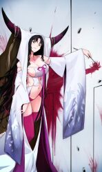 Rule 34 | 1girl, arm at side, black hair, black horns, blood, boots, breasts, bullet hole, chest tattoo, cleavage, closed mouth, commentary, detached sleeves, dress, fate/extra, fate/extra ccc, fate/grand order, fate (series), feet out of frame, flower, forehead tattoo, hand up, handprint, highres, holding, holding flower, horn ornament, horn ring, horns, large breasts, long hair, long horns, long sleeves, looking at viewer, multicolored hair, multicolored horns, navel, ograso, panties, parted bangs, pink footwear, pink hair, pink horns, pink panties, print sleeves, red flower, sessyoin kiara, sideboob, smile, solo, spider lily, stomach, stomach tattoo, streaked hair, tassel, tattoo, thigh boots, two-tone horns, underwear, very long hair, white dress, white sleeves, white veil, wide sleeves, yellow eyes