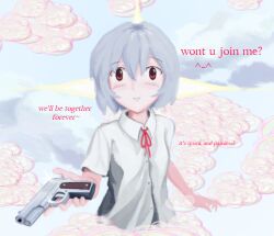 Rule 34 | 1girl, ayanami rei, blush, cloud, collared shirt, commentary, english text, grey hair, gun, handgun, holding, holding gun, holding weapon, looking at viewer, m1911, monky sm, neck ribbon, neon genesis evangelion, red eyes, red ribbon, ribbon, shirt, short hair, short sleeves, sky, smile, solo, upper body, weapon