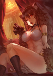 Rule 34 | 1girl, abs, absurdres, animal ears, animal hands, armlet, black socks, breasts, brown hair, chain, chandelier, claws, cleavage, collar, curtains, fang, fur, hair between eyes, hand up, highres, kneehighs, large breasts, long hair, looking at viewer, madcocoon, monster girl, navel, open mouth, original, pelvic curtain, perspective, pillar, red eyes, short hair, sitting, socks, solo, tail, wolf ears, wolf tail