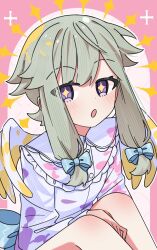 Rule 34 | + +, 1girl, :o, angel wings, back bow, between legs, blue bow, blush, border, bow, dress, frilled dress, frills, green hair, hair bow, hand between legs, knees up, kusanagi nene, long hair, long sleeves, looking at viewer, low-tied sidelocks, outside border, paint in hair, paint on clothes, pink border, project sekai, purple eyes, sanjuqing&#039;an, sidelocks, sitting, solo, sparkle, upper body, white dress, white wings, wings