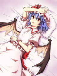 Rule 34 | 1girl, bat wings, blue hair, blush, bow, hat, hat bow, lying, on back, red eyes, remilia scarlet, rimibure, sash, solo, touhou, wings, wrist cuffs