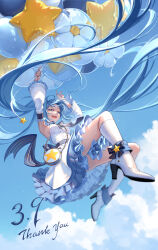 Rule 34 | 1girl, 39, absurdres, armpits, arms up, bag, balloon, blue eyes, blue hair, blue nails, blue sky, boots, bow, bowtie, breasts, cloud, detached sleeves, dress, floating hair, footwear bow, frilled dress, frilled sleeves, frills, full body, hair spread out, hatsune miku, high heel boots, high heels, highres, holding, holding balloon, layered dress, long hair, looking at viewer, maple (maplehy), medium breasts, miku day, nail polish, open mouth, shoulder bag, sideboob, sky, solo, striped bow, striped bowtie, striped clothes, teeth, thank you, twintails, upper teeth only, very long hair, vocaloid, white dress, white footwear