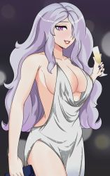 Rule 34 | 1girl, afimaki, alcohol, alternate costume, alternate hairstyle, bag, baggy clothes, black nails, breasts, cleavage, collarbone, cup, danganronpa (series), danganronpa 3 (anime), dress, drinking glass, breasts, eyebrows hidden by hair, fake nails, female focus, fingernails, holding, holding bag, kimura seiko, long hair, looking at viewer, loose clothes, nail polish, no bra, open mouth, purple eyes, purple hair, red lips, sideboob, simple background, smile, solo, standing, teeth, thighs, underboob, upper body, white wine, wine, wine glass