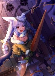 Rule 34 | 1girl, animal ear fluff, animal ears, braid, breasts, cleavage, gloves, highres, hololive, hololive english, long hair, ninomae ina&#039;nis, rabbit ears, rabbit girl, shadow, small breasts, sweat, sword, tentacles, torn clothes, twin braids, usada pekora, usagihime, virtual youtuber, weapon, wet