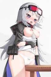 Rule 34 | 1girl, absurdres, arknights, between breasts, black cape, black gloves, blue eyes, breasts, breasts out, cameltoe, cape, clothes pull, crotch rub, female masturbation, fingerless gloves, gloves, goggles, goggles on head, grey hair, heart, heart-shaped pupils, highres, hood, hood down, hooded cape, jiuyu qame, large breasts, long hair, masturbation, mulberry (arknights), open mouth, panda panties, panties, pouch, saliva, shirt, shirt pull, simple background, solo, symbol-shaped pupils, table humping, underwear, very long hair, white background, white panties, white shirt