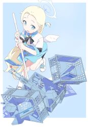 Rule 34 | 1girl, absurdres, apron, blonde hair, blue archive, blue eyes, box, box of chocolates, carton, cellphone, crate, flip phone, gun, hair ribbon, halo, highres, holding, jiryu50610218, off shoulder, phone, ribbon, shirt, shoes, short sleeves, socks, solo, sora (blue archive), sweat, two side up, weapon, white footwear, white socks, white wings, wings