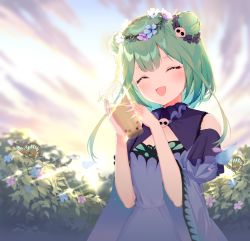 Rule 34 | 1girl, bare shoulders, blue dress, blue sleeves, blush, bubble tea, bug, butterfly, cleavage cutout, closed eyes, clothing cutout, cup, double bun, dress, flat chest, flower, frills, green hair, hair bun, hair flower, hair ornament, highres, holding, holding cup, hololive, insect, medium hair, nather, open mouth, outdoors, plant, skull collar, solo, uruha rushia, uruha rushia (1st costume), virtual youtuber, wide sleeves
