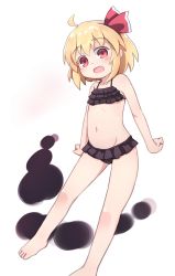 Rule 34 | 1girl, absurdres, ahoge, bikini, black bikini, blonde hair, blush, bow, child, embodiment of scarlet devil, fang, flat chest, frilled bikini, frills, hair bow, highres, kibisake, looking at viewer, navel, open mouth, red eyes, rumia, short hair, simple background, solo, standing, swimsuit, touhou