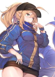 Rule 34 | 1girl, absurdres, ahoge, artoria pendragon (fate), baseball cap, black hat, black shorts, blonde hair, blue eyes, blue jacket, blue scarf, fal maro, fate/grand order, fate (series), hair between eyes, hat, highres, jacket, looking at viewer, mysterious heroine x (fate), ponytail, scarf, scarf pull, short shorts, shorts, simple background, solo, white background, wristband