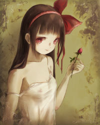 Rule 34 | 1girl, black hair, breasts, covered erect nipples, flower, hair ornament, highres, holding, holding flower, kowiru, long hair, looking at viewer, nipples, original, red eyes, see-through, small breasts, smile, solo, strap slip, upper body