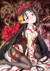 Rule 34 | 1girl, arm support, bell, black hair, black pantyhose, blush, breasts, char, cleavage, comb, dress, long hair, looking at viewer, original, pantyhose, pointy ears, purple eyes, rope, sitting, solo, tears, thighband pantyhose, wariza
