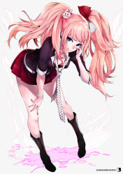 Rule 34 | 10s, 1girl, blonde hair, blue eyes, boots, bow, breasts, cleavage, cross-laced footwear, danganronpa: trigger happy havoc, danganronpa (series), enoshima junko, hair bow, hair ornament, high heel boots, high heels, highres, ikusaba mukuro, knee boots, lace-up boots, leaning, leaning forward, long hair, looking at viewer, medium breasts, mille (dieci), nail polish, necktie, pink hair, school uniform, skirt, sleeves rolled up, smile, solo, twintails