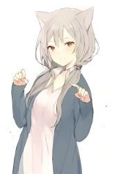 Rule 34 | 1girl, animal ears, blush, brown eyes, cardigan, cat ears, closed mouth, grey hair, hands up, index finger raised, long hair, looking at viewer, low twintails, lpip, open cardigan, open clothes, original, shirt, simple background, smile, solo, tsurime, twintails, upper body, white background, white shirt