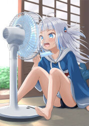 1girl ahoge arm_at_side arm_support barefoot bike_shorts black_shorts blue_eyes blue_hair blue_hoodie blunt_bangs blush bush commentary drawstring eating electric_fan eyelashes fan_speaking fins fish_tail floating_hair foliage food food_bite full_body gawr_gura gawr_gura_(1st_costume) hair_ornament hand_up highres holding holding_food holding_popsicle hololive hololive_english hood hood_down hoodie knees_up long_hair long_hoodie long_sleeves multicolored_hair on_floor open_door open_mouth paid_reward_available popsicle shark_hair_ornament shark_tail sharp_teeth shorts shouji shouting sky sliding_doors soles solo streaked_hair summer tail tanakaminos tatami teeth toes two_side_up upper_teeth_only virtual_youtuber white_hair white_sky wind