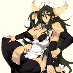 Rule 34 | 1girl, aoguu, bad id, bad pixiv id, breasts, cleavage, extra arms, extra eyes, futaba channel, green hair, hand on own hip, horns, huge breasts, long hair, looking at viewer, maid, monster girl, muscular, nijiura maids, no bra, pointy ears, red eyes, shiyuu (nijiura maids), side slit, simple background, solo, spread legs, thighhighs, thighs, yellow horns