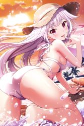 Rule 34 | 1girl, absurdres, alternative girls, ass, bare arms, bare legs, beach, blush, breasts, finger to mouth, hat, highres, long hair, looking at viewer, looking back, official art, one-piece swimsuit, open mouth, palm tree, red eyes, sideboob, solo, straw hat, sun, swimsuit, tree, usui miyuki, water, white hair, white one-piece swimsuit