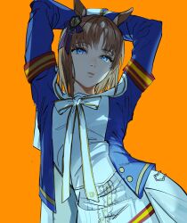 Rule 34 | 1girl, animal ears, armband, arms behind head, arms up, backlighting, blue eyes, blue jacket, blue ribbon, brown hair, contrapposto, from below, grass wonder (umamusume), hair ornament, hair ribbon, highres, horse ears, horse girl, jacket, lips, long sleeves, looking at viewer, looking down, multicolored hair, neck ribbon, open clothes, open jacket, orange background, otimusyairoha, parted lips, red armband, red ribbon, ribbon, sailor collar, shirt, short hair, skirt, solo, streaked hair, striped ribbon, thick eyebrows, two-tone ribbon, umamusume, white hair, white ribbon, white shirt, white skirt