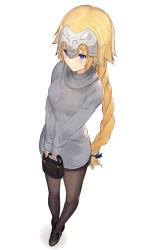 Rule 34 | 1girl, alternate costume, aran sweater, bag, black footwear, black pantyhose, blonde hair, blue eyes, blue ribbon, braid, braided ponytail, breasts, cable knit, casual, commentary request, contemporary, fate/grand order, fate (series), full body, grey sweater, hair ribbon, headpiece, holding, holding bag, jeanne d&#039;arc (fate), jeanne d&#039;arc (ruler) (fate), km yama, long hair, low-tied long hair, medium breasts, pantyhose, ribbed sweater, ribbon, simple background, single braid, smile, solo, standing, sweater, very long hair, white background