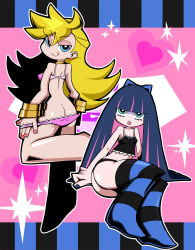 Rule 34 | 10s, :o, :q, ass, blonde hair, blue eyes, bow, bra, bracelet, camisole, green eyes, hair bow, jewelry, lingerie, long hair, looking back, panties, panty &amp; stocking with garterbelt, panty (psg), panty pull, pink hair, purple hair, stocking (psg), striped legwear, thighhighs, tongue, tongue out, underwear