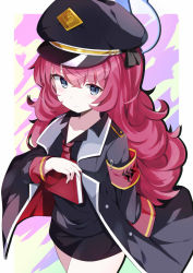Rule 34 | 1girl, armband, black shirt, blue archive, blush, book, halo, hat, highres, iroha (blue archive), jacket, looking at viewer, military, military hat, military uniform, necktie, omochishiki, red hair, red necktie, safety pin, shirt, solo, thighs, uniform