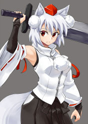 Rule 34 | 1girl, abe ranzu, animal ears, armpits, breasts, bridal gauntlets, colored eyelashes, detached sleeves, hat, inubashiri momiji, looking at viewer, red eyes, silver hair, simple background, skirt, solo, sword, tail, tokin hat, toned, touhou, weapon, wolf ears, wolf tail, zipper