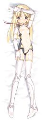 Rule 34 | 10s, 1girl, arm on own head, arnval, bed sheet, blonde hair, blue eyes, blush, boots, breasts, busou shinki, cable, covered navel, dakimakura (medium), doll joints, from above, full body, garter straps, gloves, hand on own thigh, joints, leotard, long hair, lying, on back, on bed, parted bangs, small breasts, solo, thigh boots, thighhighs, white footwear, white thighhighs