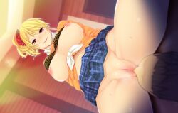 Rule 34 | 1girl, blonde hair, blush, bra, bra lift, breasts, breasts out, censored, clothes lift, cunnilingus, enkou jk to sapo oji-san ~love pako houkago bukatsudou~, erectlip, faceless, faceless male, from below, game cg, girl on top, groin, indoors, large breasts, legs, lying, megumi yakiniku, mosaic censoring, nipples, no panties, oral, original, pink eyes, pussy, reona (enkou jk to sapo oji-san), school uniform, shirt, side ponytail, sitting, sitting on face, sitting on person, skirt, skirt lift, smile, spread legs, thighs, tied shirt, underwear