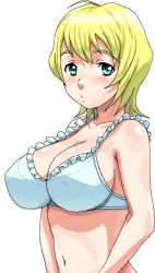 Rule 34 | 00s, 1girl, blonde hair, bra, breasts, cleavage, covered erect nipples, erstin ho, frilled bra, frills, green eyes, huge breasts, large breasts, lingerie, my-otome, nigou, short hair, solo, underwear, white bra