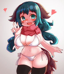 Rule 34 | 1girl, :d, alternate breast size, alternate hair length, alternate hairstyle, animal ears, bikini, black thighhighs, breasts, cleavage, cowboy shot, dog ears, gradient background, green hair, green nails, grey background, groin, haruirokomici, heart, highres, kasodani kyouko, large breasts, long hair, looking at viewer, nail polish, navel, open mouth, red scarf, scarf, side-tie bikini bottom, smile, solo, standing, swimsuit, thighhighs, touhou, v, white bikini
