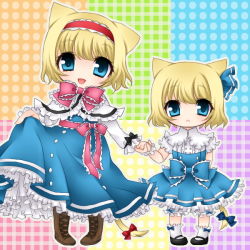 Rule 34 | 2girls, :&lt;, alice margatroid, alice margatroid (pc-98), animal ears, bad id, bad pixiv id, blonde hair, blue eyes, cat ears, cat girl, cat tail, dress, female focus, hairband, jako, jyako, multiple girls, mystic square, short hair, tail, time paradox, touhou, touhou (pc-98)