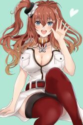 Rule 34 | 1girl, anchor necklace, belt, blue eyes, breasts, brown hair, chamumi (mochiumee), cleavage, dress, heart, heart-shaped pupils, jewelry, kantai collection, large breasts, long hair, looking at viewer, necklace, open hand, pocket, red belt, red thighhighs, saratoga (kancolle), short sleeves, side ponytail, smokestack hair ornament, solo, symbol-shaped pupils, thighhighs, white dress