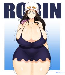 Rule 34 | 1girl, backpack, bag, bare shoulders, black hair, blue background, blue dress, blue eyes, border, breasts, cleavage, closed mouth, collarbone, cowboy shot, curvy, dress, gradient background, hat, highres, huge breasts, long hair, looking at viewer, nico robin, one piece, solo, standing, startop, sunglasses, sunglasses on head, thighs, white background, white border, white hat, wide hips