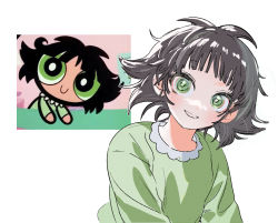Rule 34 | 1girl, blonde hair, blunt bangs, buttercup (ppg), buttercup redraw challenge (meme), commentary request, green eyes, green pajamas, korean commentary, light blush, long sleeves, looking at viewer, meme, messy hair, pajamas, parted lips, powerpuff girls, reference inset, screenshot inset, short hair, sil435, simple background, smile, solo, upper body, white background