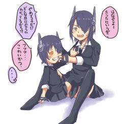 Rule 34 | 10s, 2girls, anger vein, eyepatch, huleito, kantai collection, multiple girls, pleated skirt, purple hair, size difference, skirt, tenryuu (kancolle), thighhighs, translation request, yellow eyes, aged down, zettai ryouiki